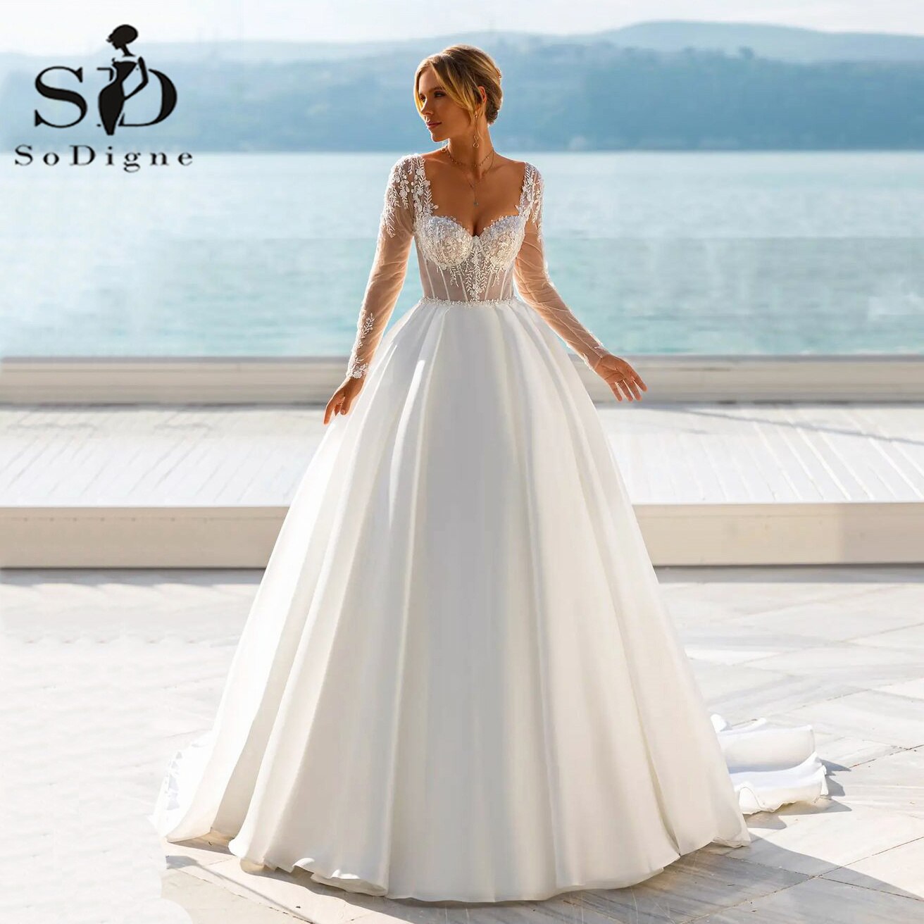 SoDigne 우아한 새틴 라인 웨딩 드레스 2022 신부 가운 긴 소매 레이스 appiques 현대 코르 셋 웨딩 드레스